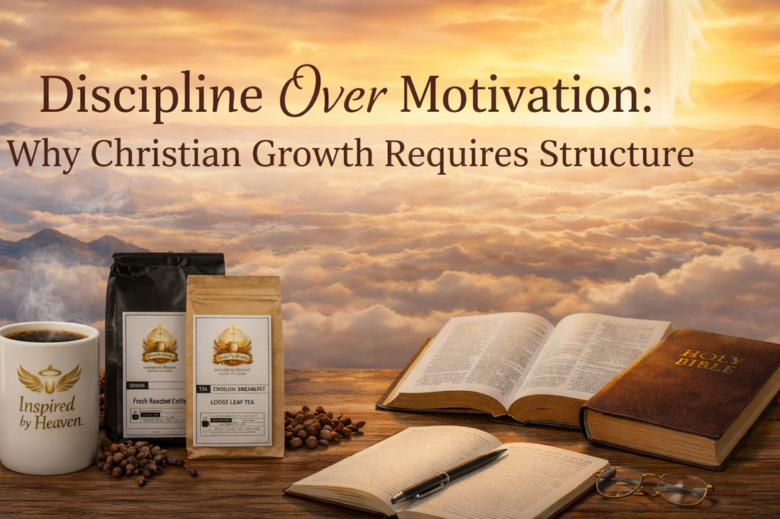 Open Bible and coffee at sunrise with title “Discipline Over Motivation: Why Christian Growth Requires Structure” from Heaven Roast Christian Living blog.