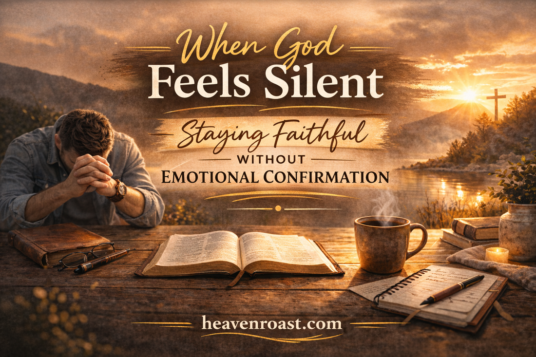 Man praying with Bible and coffee at sunrise – When God Feels Silent Christian blog header.