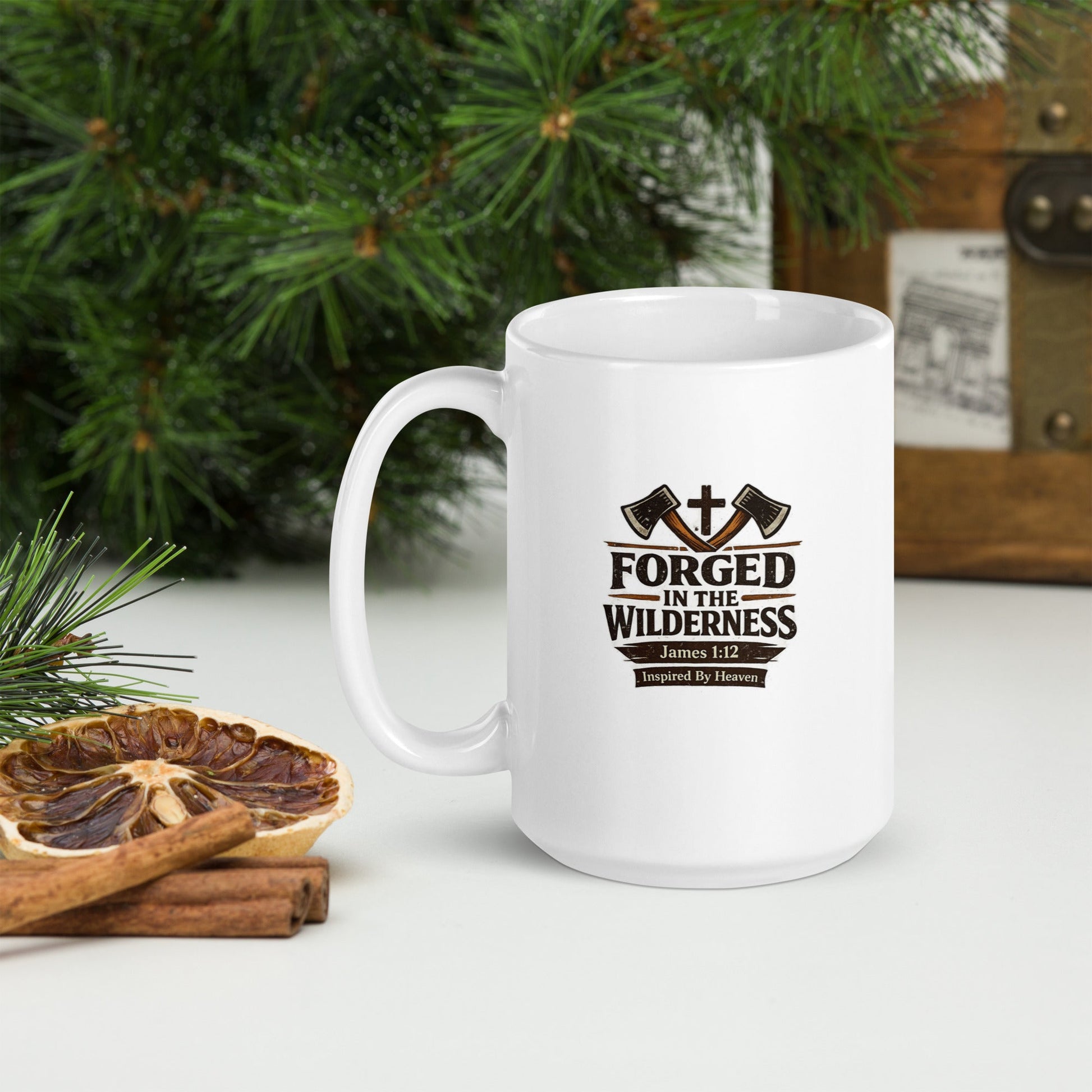 Forged in the Wilderness Christian Coffee Mug – James 1:12 Bible Verse Faith Mug - Inspired By Heaven