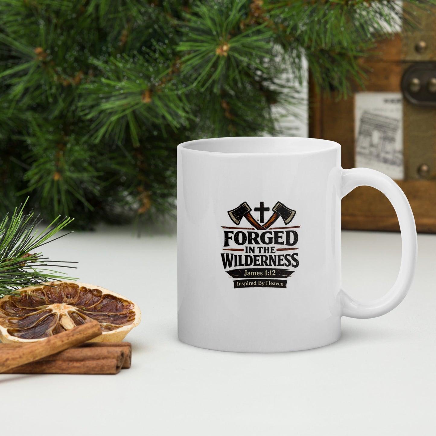 Forged in the Wilderness Christian Coffee Mug – James 1:12 Bible Verse Faith Mug - Inspired By Heaven