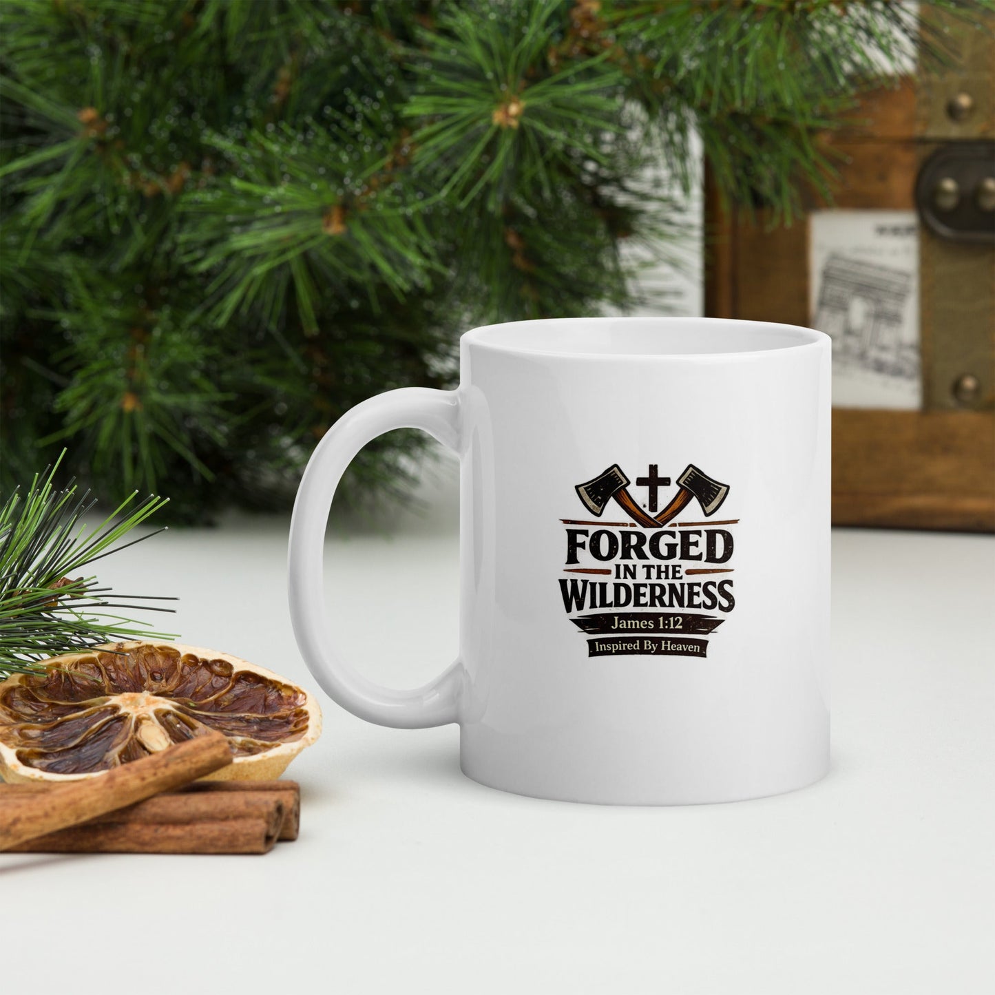 Forged in the Wilderness Christian Coffee Mug – James 1:12 Bible Verse Faith Mug - Inspired By Heaven