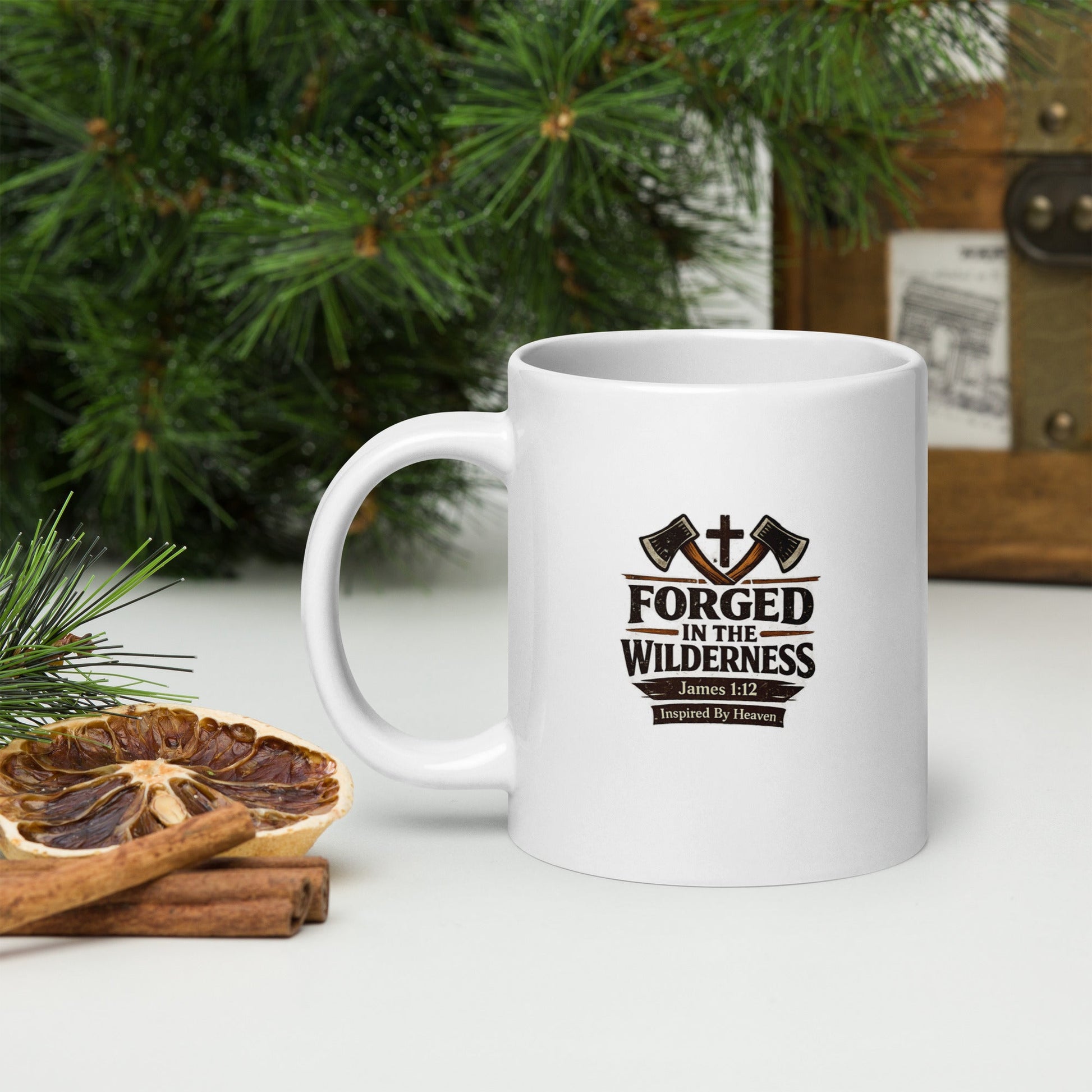 Forged in the Wilderness Christian Coffee Mug – James 1:12 Bible Verse Faith Mug - Inspired By Heaven