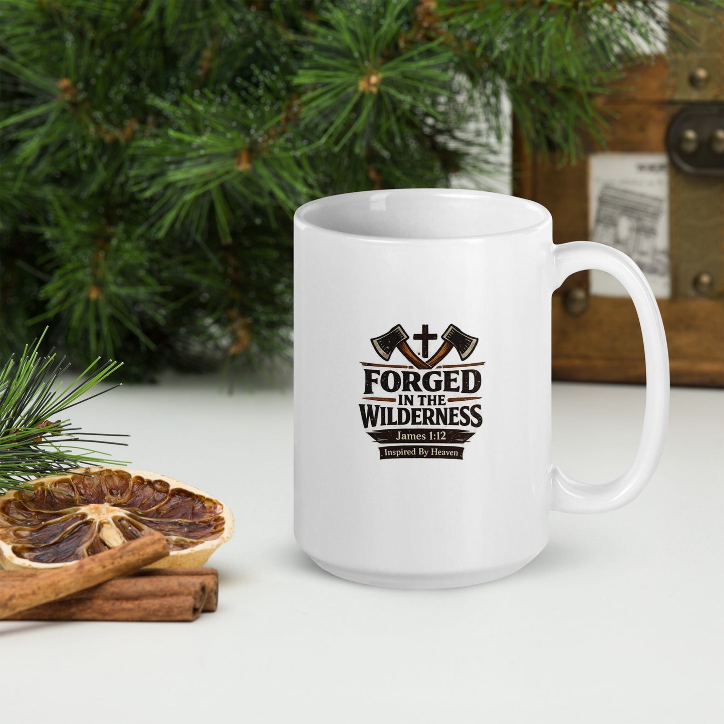 Forged in the Wilderness Christian Coffee Mug – James 1:12 Bible Verse Faith Mug - Inspired By Heaven