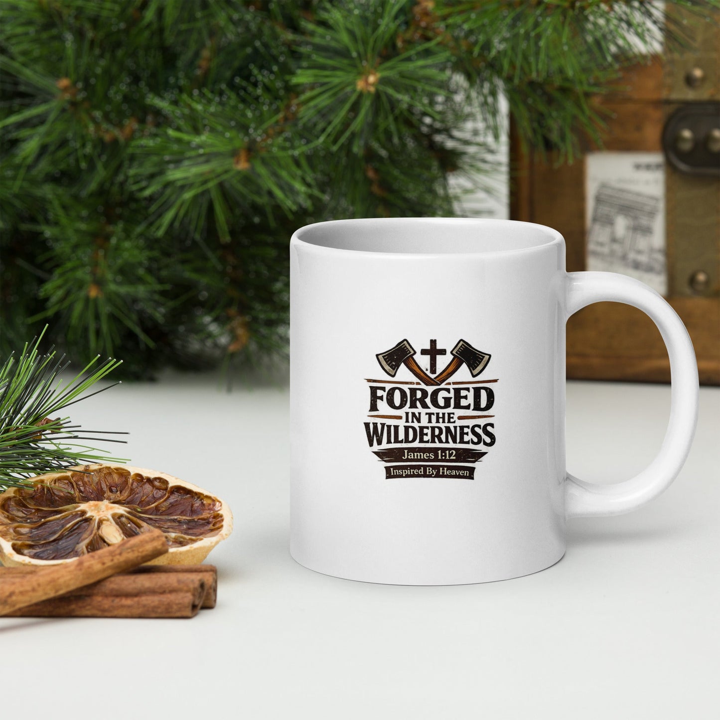 Forged in the Wilderness Christian Coffee Mug – James 1:12 Bible Verse Faith Mug - Inspired By Heaven