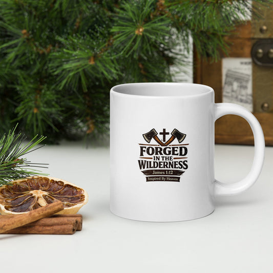 Forged in the Wilderness Christian Coffee Mug – James 1:12 Bible Verse Faith Mug - Inspired By Heaven