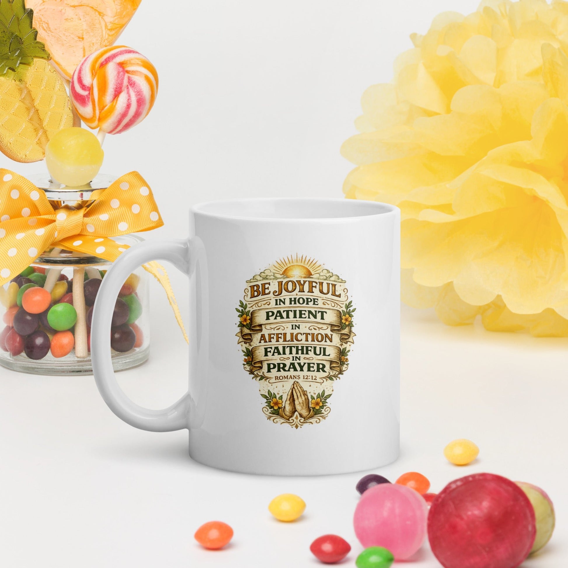 Romans 12:12 Christian Coffee Mug – Joyful in Hope Scripture Mug | Inspired By Heaven - Inspired By Heaven