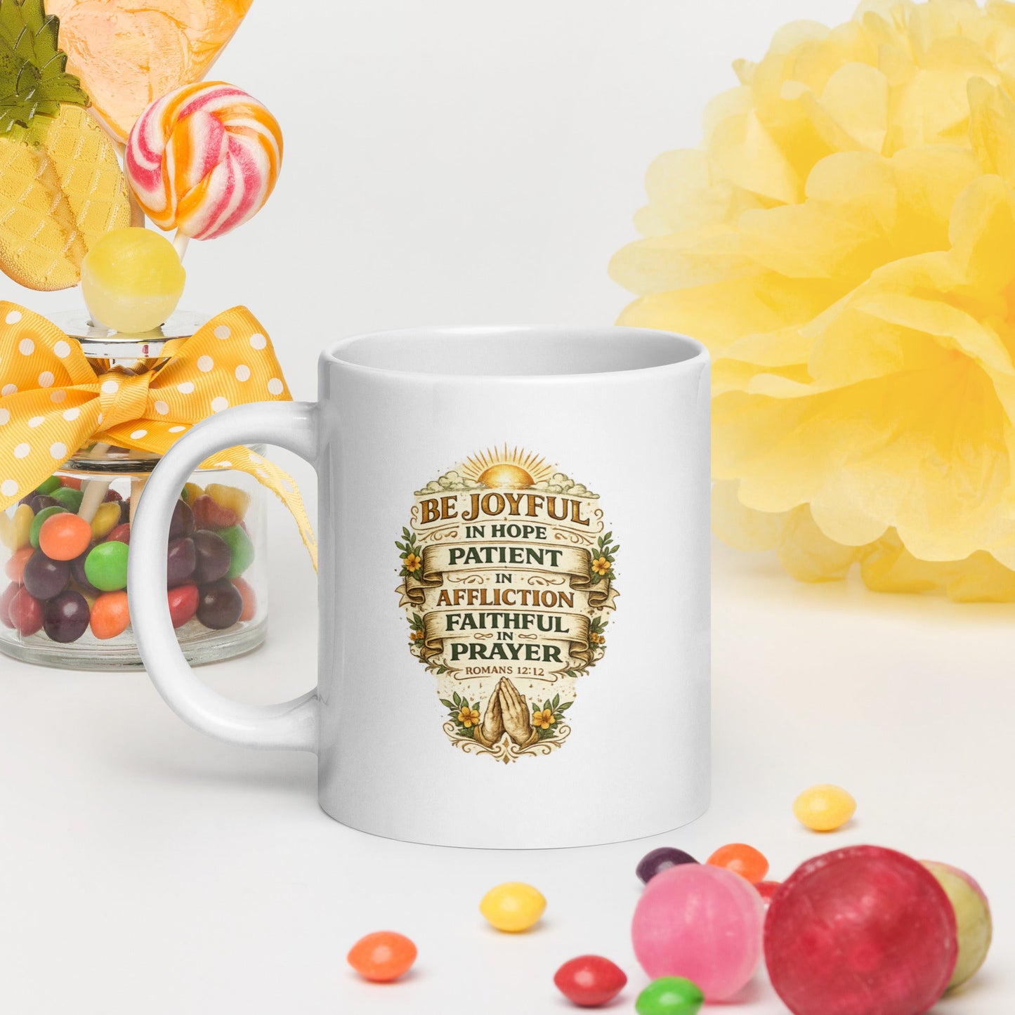 Romans 12:12 Christian Coffee Mug – Joyful in Hope Scripture Mug | Inspired By Heaven - Inspired By Heaven