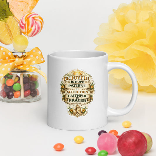 Romans 12:12 Christian Coffee Mug – Joyful in Hope Scripture Mug | Inspired By Heaven - Inspired By Heaven